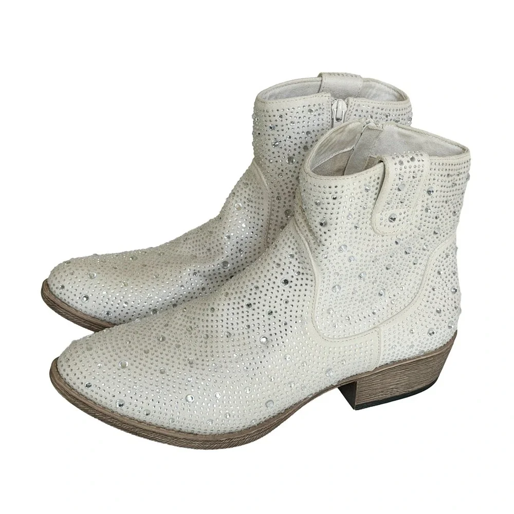 Very G Women's Cowboy Boots Size 11 White Rhinestone Western Cowgirl Booties